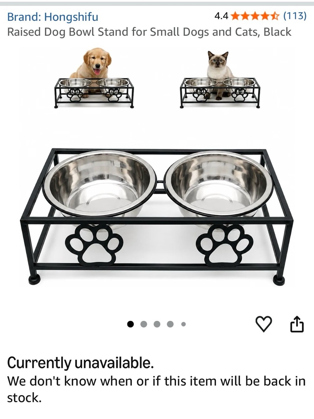 Hongshifu Paw-Accent Raised Double Dog Bowl Stand - Black